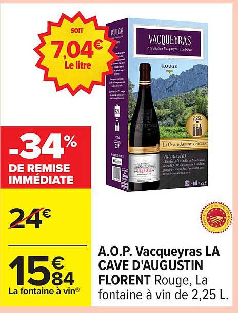 A.O.P Vacqueyras LA CAVE D'AUGUSTIN FLORENT Rouge, La fontaine à vin de 2,25 L