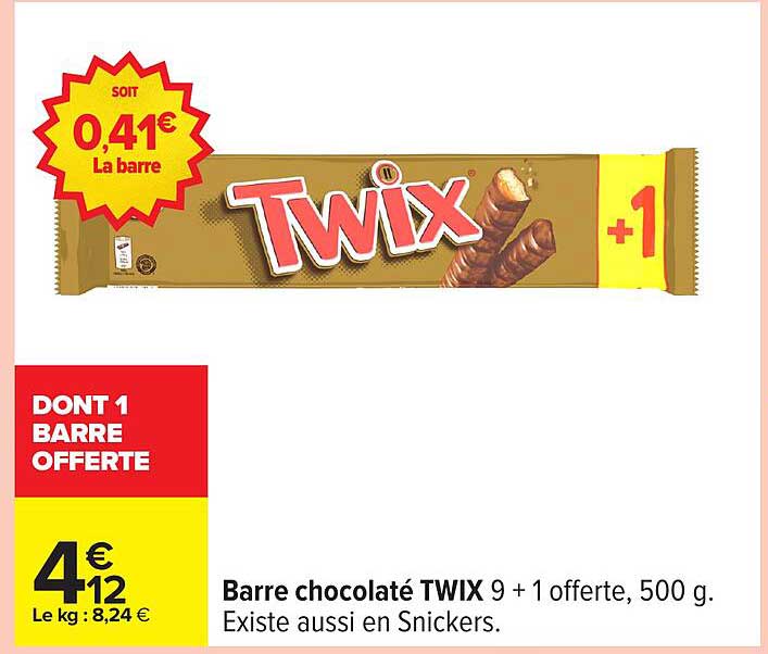 Barre chocolaté TWIX 9 + 1 offerte, 500 g.