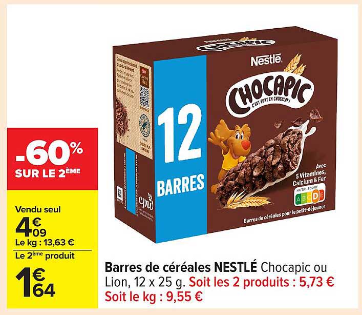 Barres de céréales NESTLÉ Chocapic ou Lion, 12 x 25 g