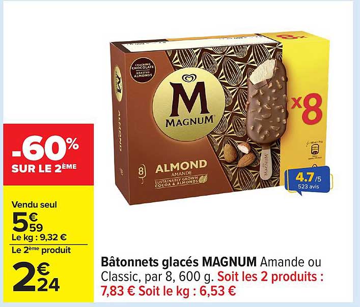 Bâtonnets glacés MAGNUM Amande ou Classic, par 8, 600 g.