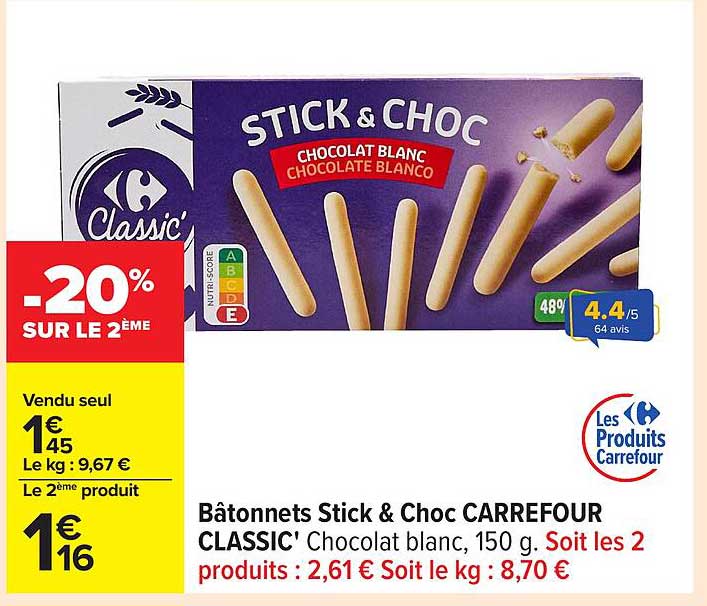 Bâtonnets Stick & Choc CARREFOUR CLASSIC' Chocolat blanc, 150 g.