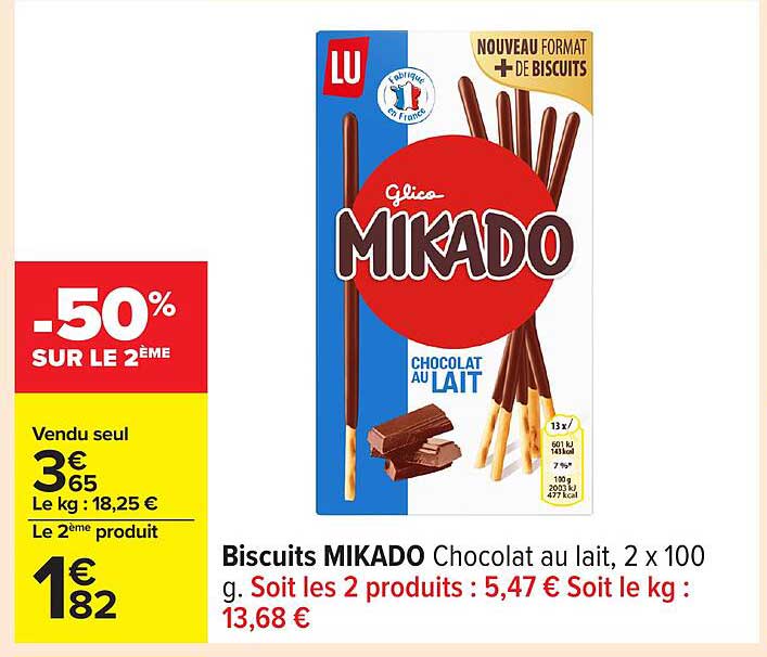 Biscuits MIKADO Chocolat au lait, 2 x 100 g.