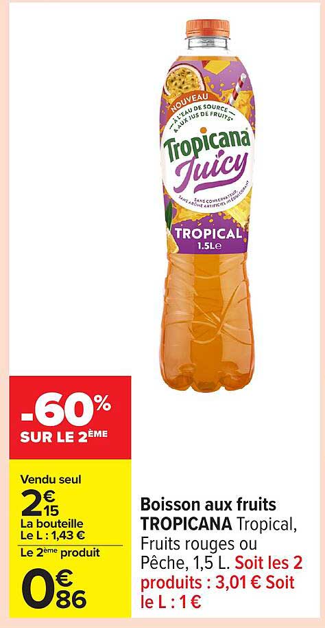 Boisson aux fruits TROPICANA Tropical, Fruits rouges ou Pêche, 1,5 L