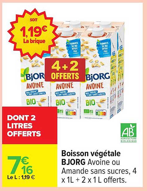 Boisson végétale BJORG Avoine ou Amande sans sucres