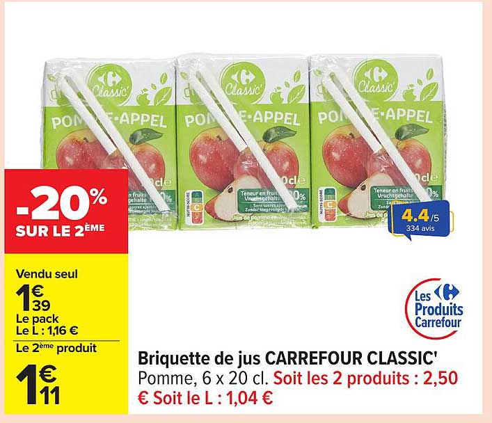 Briquette de jus CARREFOUR CLASSIC' Pomme, 6 x 20 cl.