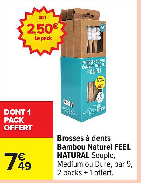Brosses à dents Bambou Naturel FEEL NATURAL Souple, Medium ou Dur, par 9, 2 packs + 1 offert.