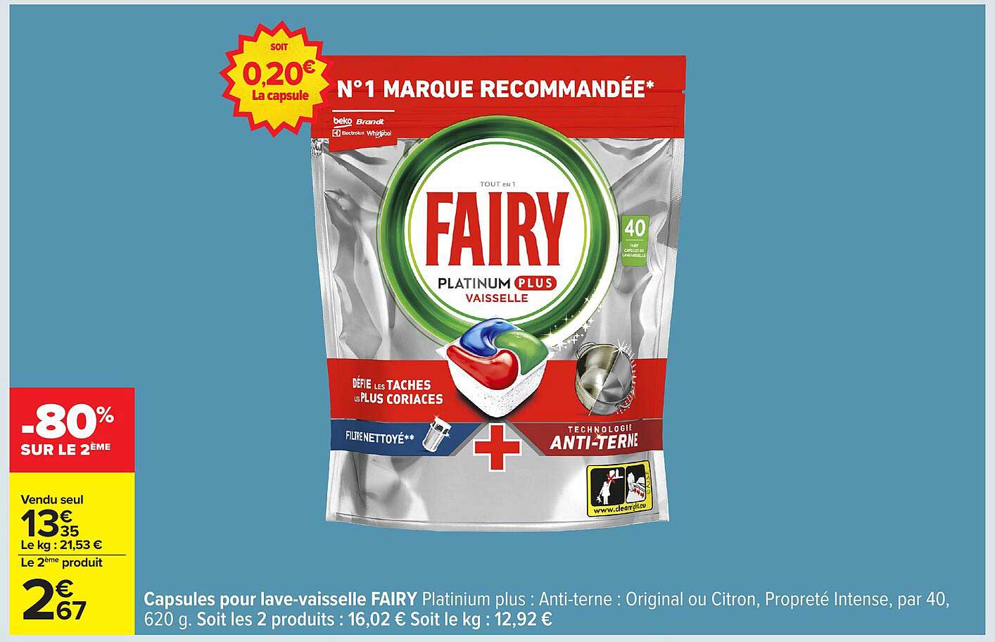 Capsules pour lave-vaisselle FAIRY Platinum plus -80% sur le 2ème