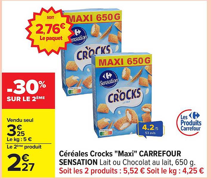 Céréales Crocks "Maxi" CARREFOUR SENSATION Lait ou Chocolat au lait, 650 g.