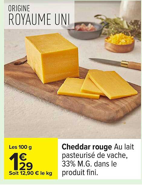 Cheddar rouge Au lait pasteurisé de vache, 33% M.G. dans le produit fini.