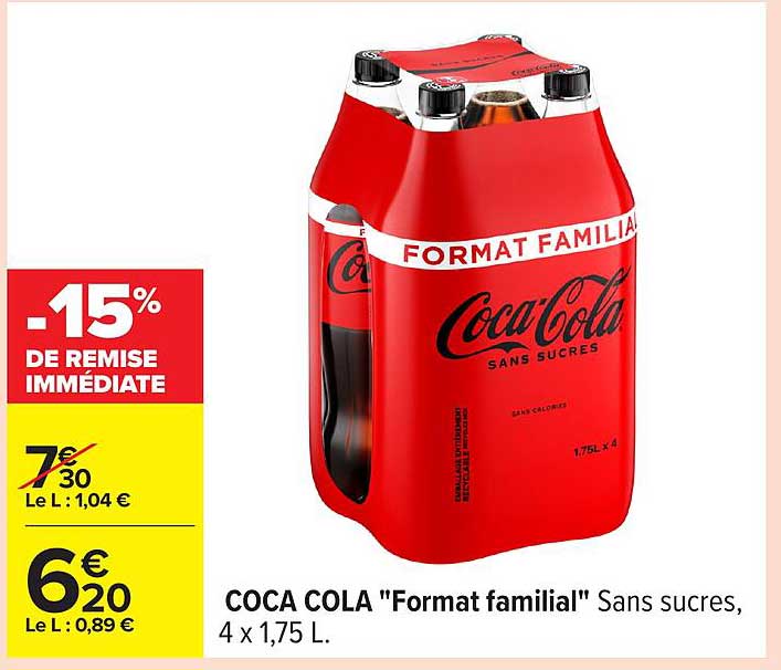 COCA COLA "Format familial" Sans sucres, 4 x 1,75 L