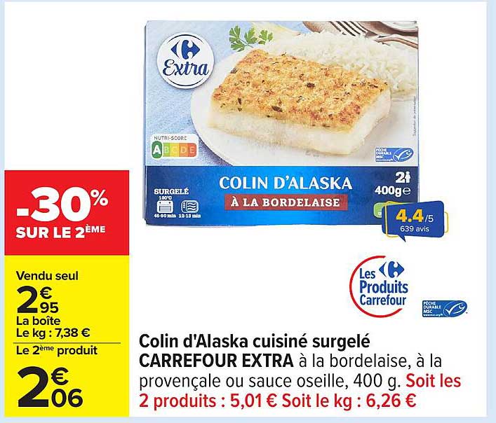 Colin d'Alaska cuisiné surgelé CARREFOUR EXTRA à la bordelaise, à la provençale ou sauce oseille, 400 g