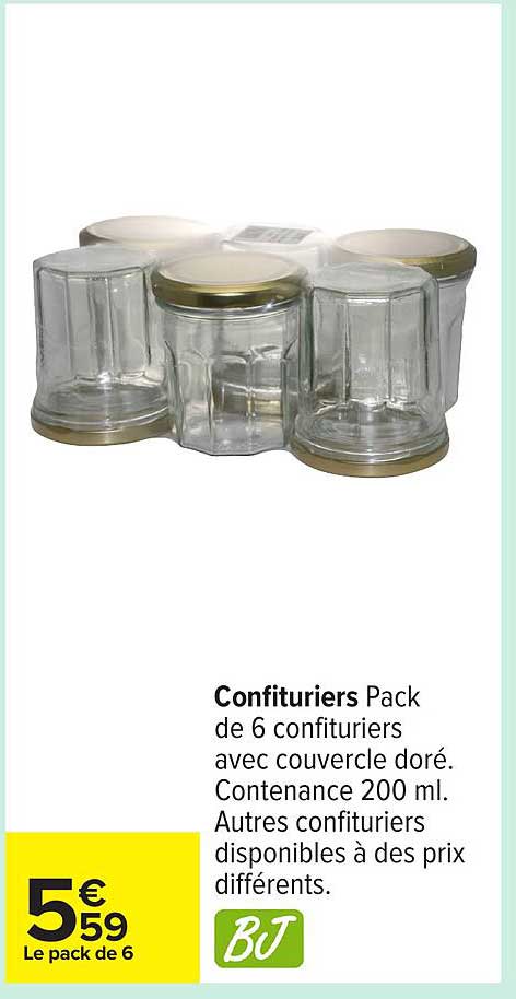 Confituriers Pack de 6 confituriers avec couvercle doré. Contenance 200 ml.