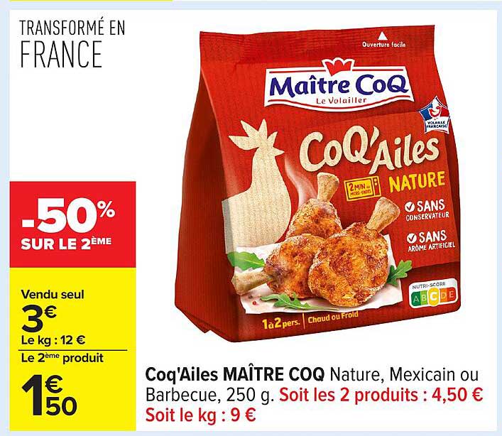 Coq'Ailes MAITRE COQ Nature, Mexicain ou Barbecue, 250 g