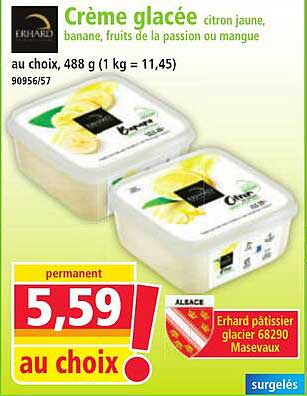 Crème glacée citron jaune, banane, fruits de la passion ou mangue