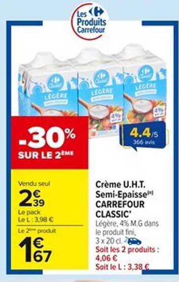 Crème U.H.T. Semi-Epaissie Carrefour Classic'