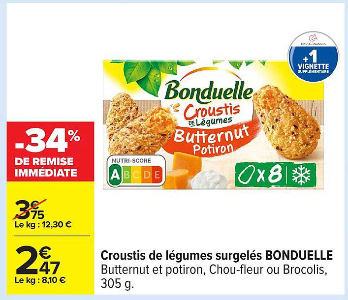Croustis de légumes surgelés BONDUELLE Butternut et potiron, Chou-fleur ou Brocolis, 305 g.