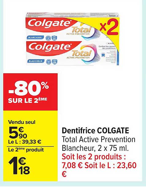 Dentifrice COLGATE Total Active Prevention Blancheur, 2 x 75 ml