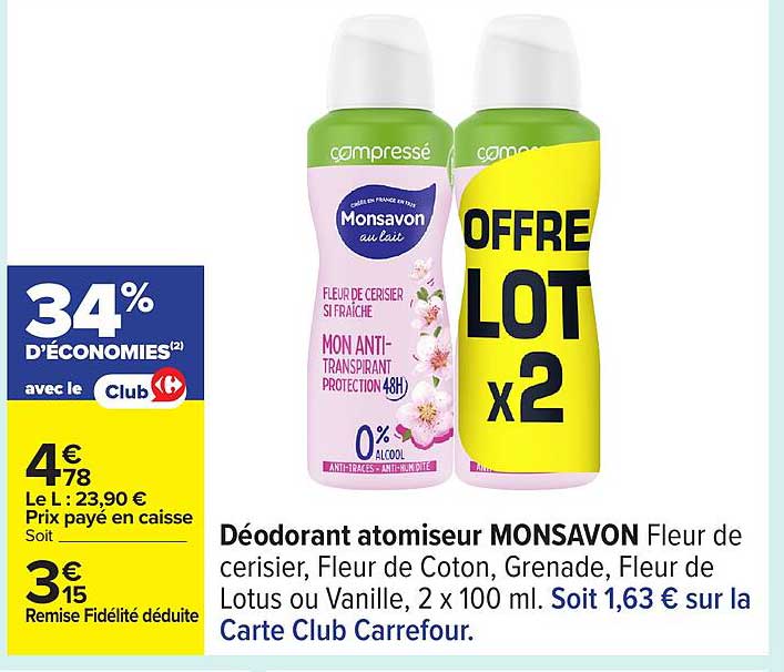 Déodorant atomiseur MONSAVON Fleur de cerisier, Fleur de Coton, Grenade, Fleur de Lotus ou Vanille, 2 x 100 ml.