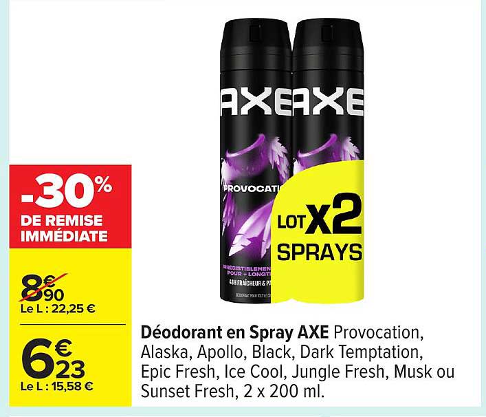 Déodorant en Spray AXE Provocation, Alaska, Apollo, Black, Dark Temptation, Epic Fresh, Ice Cool, Jungle Fresh, Musk ou Sunset Fresh, 2 x 200 ml.