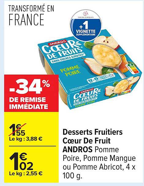 Desserts Fruitiers Cœur De Fruit ANDROS Pomme Poire, Pomme Mangue ou Pomme Abricot, 4 x 100 g