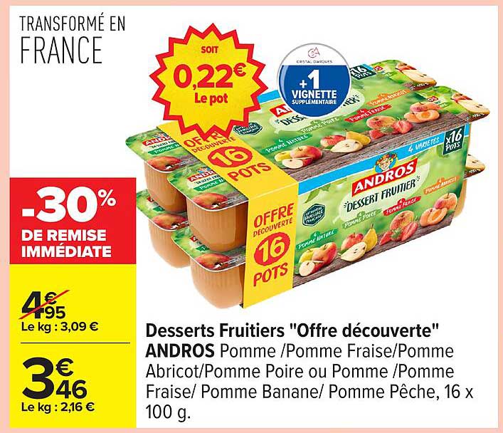 Desserts Fruitiers "Offre découverte" ANDROS Pomme/Pomme Fraise/Pomme Abricot/Pomme Poire ou Pomme/Pomme Fraise/Pomme Banane/Pomme Pêche, 16 x 100 g.