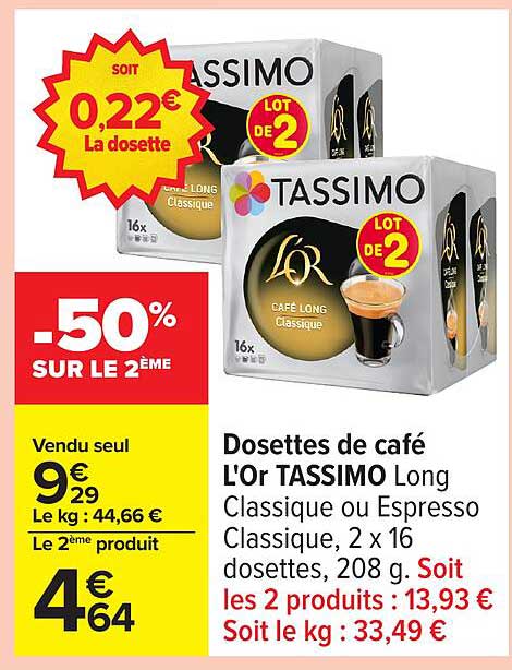 Dosettes de café L'Or TASSIMO Long Classique ou Espresso Classique, 2 x 16 dosettes, 208 g