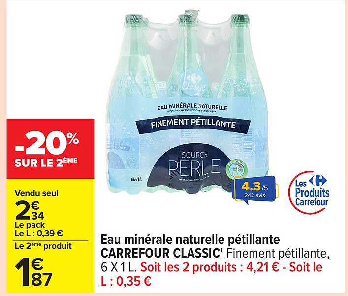 Eau minérale naturelle pétillante CARREFOUR CLASSIC' 6 X 1 L