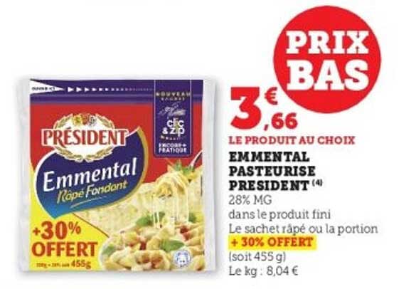 Emmental Pasteurisé Président - 30% OFFERT