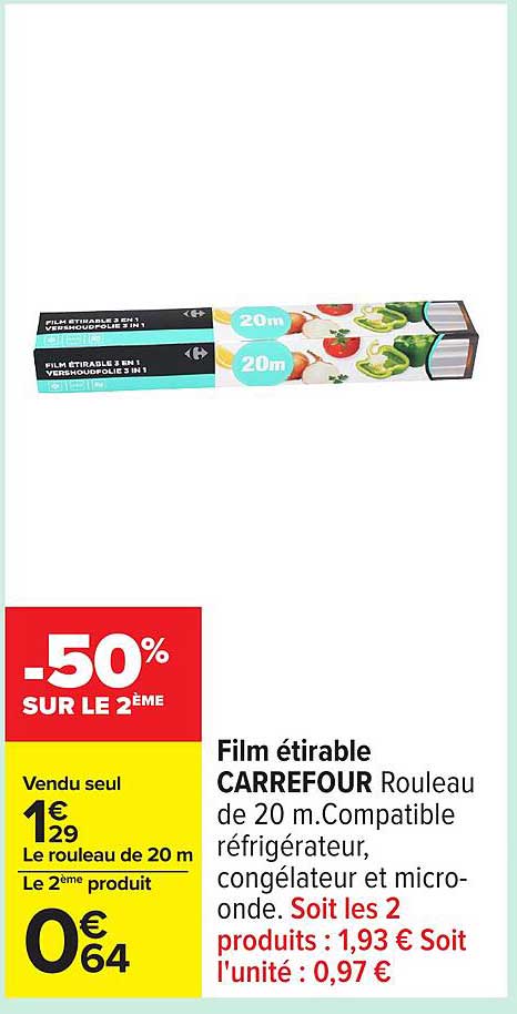Film étirable CARREFOUR Rouleau de 20 m. Compatible réfrigérateur, congélateur et micro-onde.