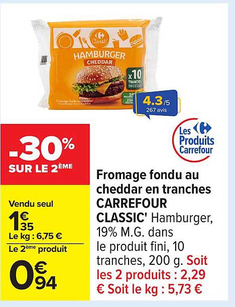Fromage fondu au cheddar en tranches CARREFOUR CLASSIC