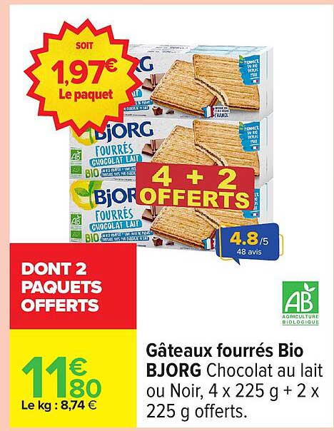 Gâteaux fourrés Bio BJORG Chocolat au lait ou Noir, 4 x 225 g + 2 x 225 g offerts