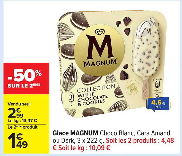 Glace MAGNUM Choco Blanc, Cara Amand ou Dark, 3 x 222 g