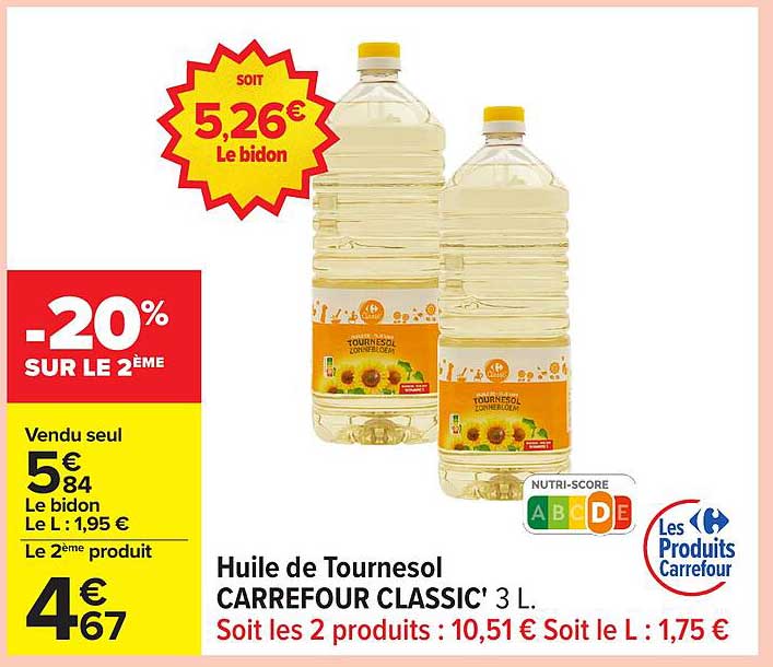 Huile de Tournesol CARREFOUR CLASSIC' 3 L.