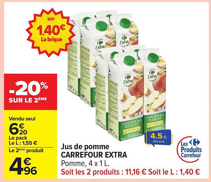Jus de pomme CARREFOUR EXTRA, 4 x 1 L.