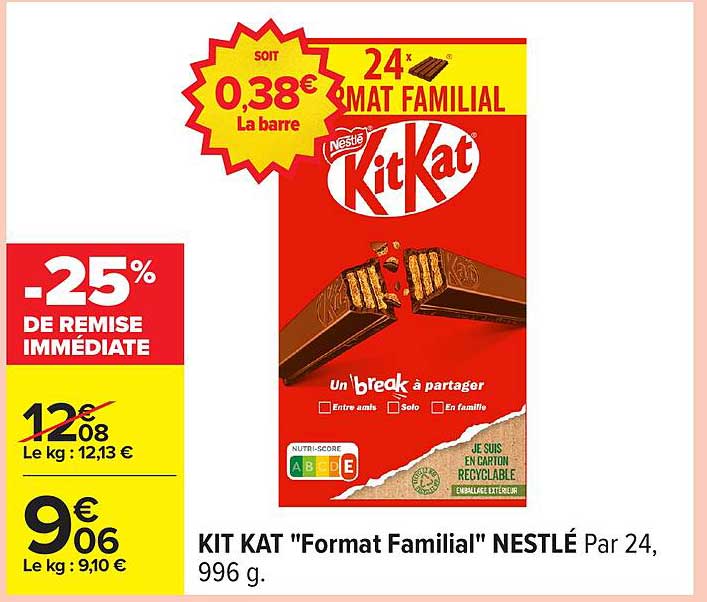 KIT KAT "Format Familial" NESTLÉ Par 24, 996 g.