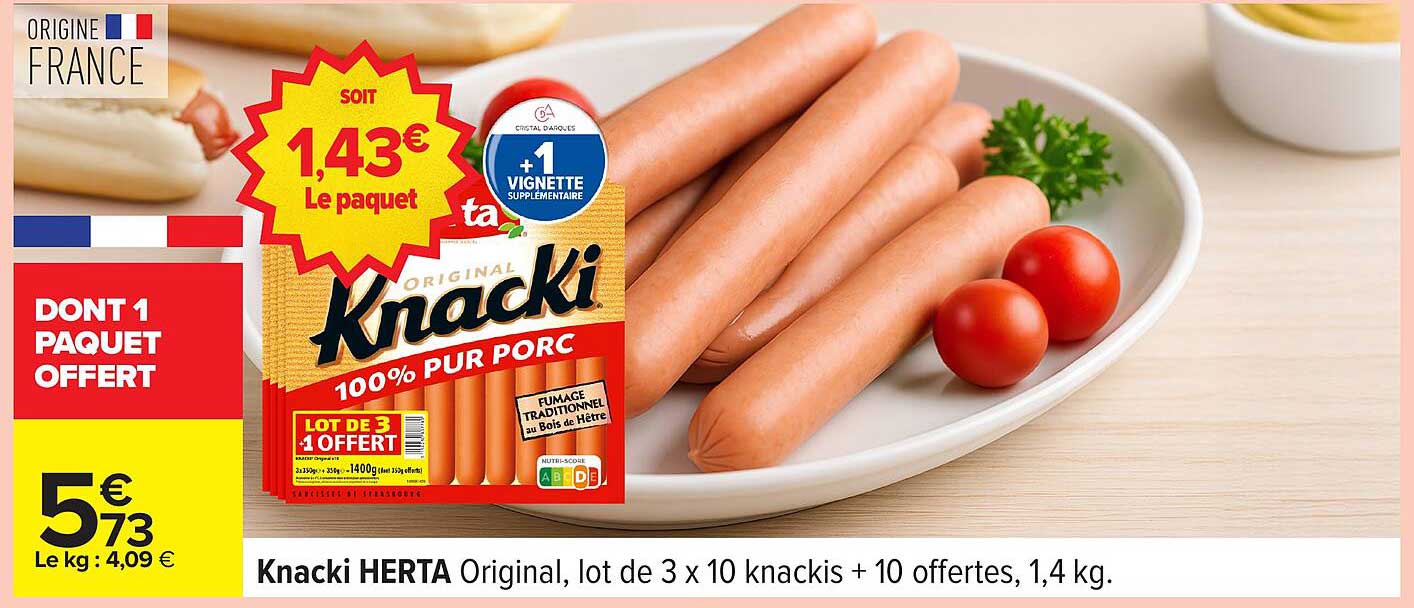 Knacki HERTA Original, lot de 3 x 10 knackis + 10 offertes, 1,4 kg.