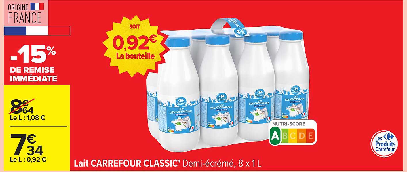 Lait CARREFOUR CLASSIC' Demi-écrémé, 8 x 1 L