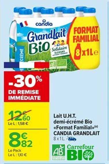 Lait U.H.T. demi-écrémé Bio «Format Familial» CANDIA GRANDLAIT 8 x 1 L