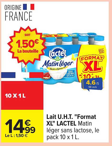 Lait U.H.T. "Format XL" LACTEL Matin léger sans lactose, le pack 10 x 1 L
