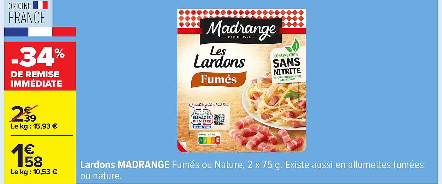 Lardons MADRANGE Fumés ou Nature, 2 x 75 g