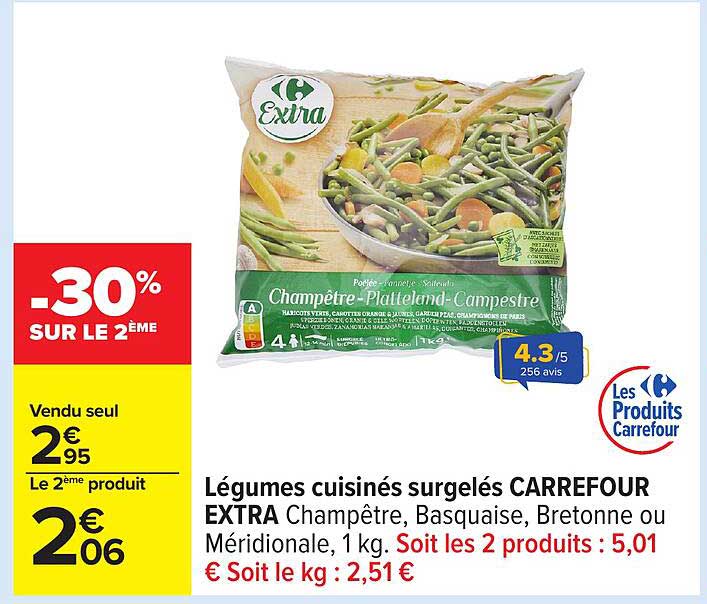 Légumes cuisinés surgelés CARREFOUR EXTRA Champêtre, Basquaise, Bretonne ou Méditerranéenne, 1 kg