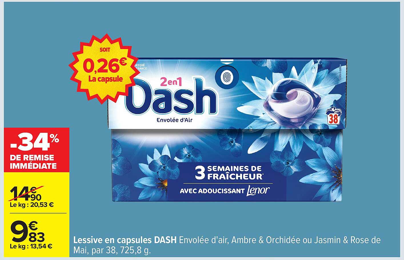 Lessive en capsules DASH Envolée d'air, Ambre & Orchidée ou Jasmin & Rose de Mai