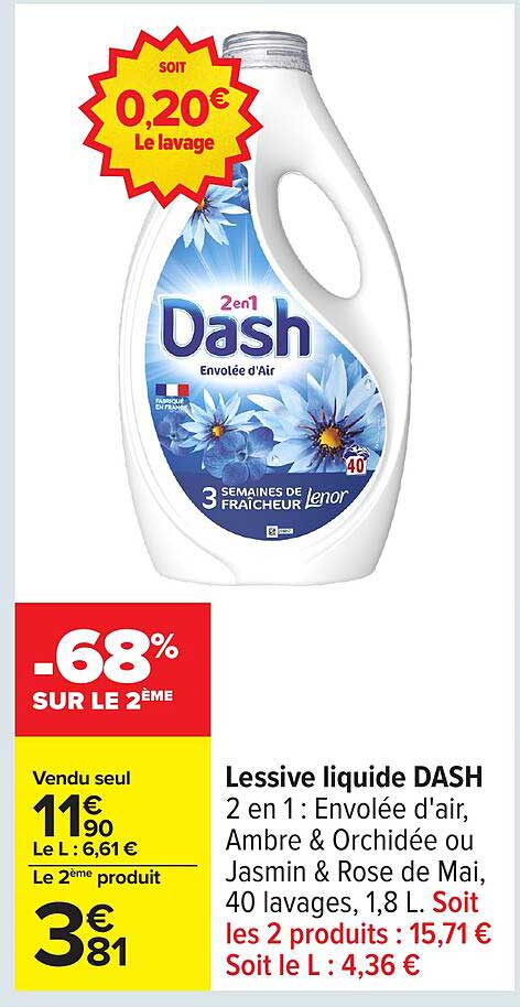 Lessive liquide DASH 2 en 1 : Envolée d'air, Ambre & Orchidée ou Jasmin & Rose de Mai