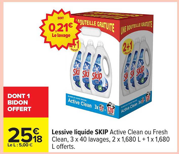 Lessive liquide SKIP Active Clean ou Fresh Clean, 3 x 40 lavages