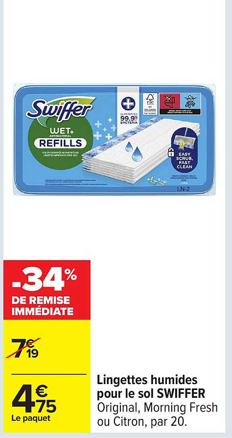 Lingettes humides pour le sol SWIFFER Original, Morning Fresh ou Citron, par 20.