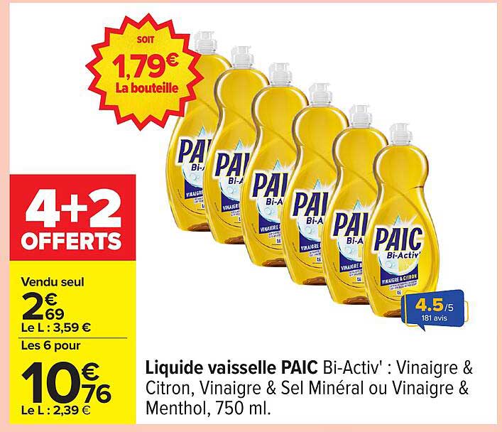 Liquide vaisselle PAIC Bi-Activ : Vinaigre & Citron, Vinaigre & Sel Minéral ou Vinaigre & Menthol, 750 ml.