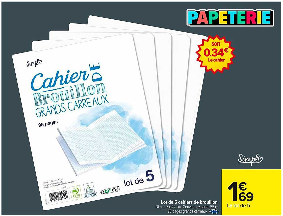 Lot de 5 cahiers de brouillon grands carreaux