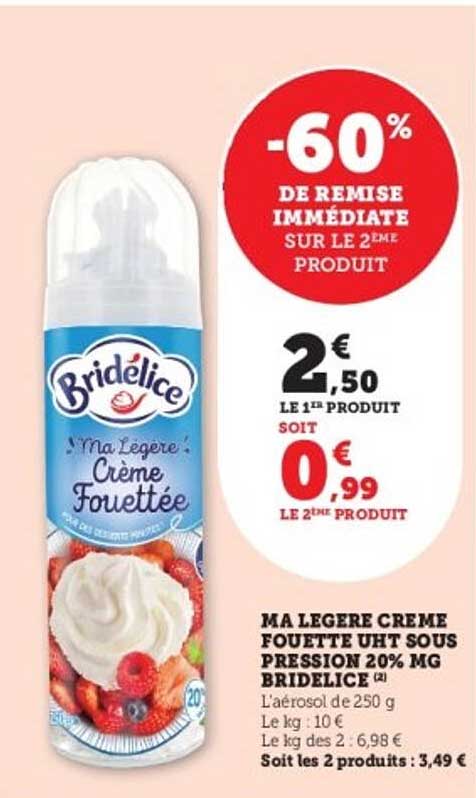 MA LEGENDE CREME FOUETTE UHT SOUS PRESSION 20% MG BRIDELICE