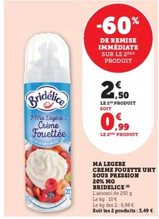 MA LEGER CREME FOUETTE UHT SOUS PRESSION 20% MG BRIDELICE