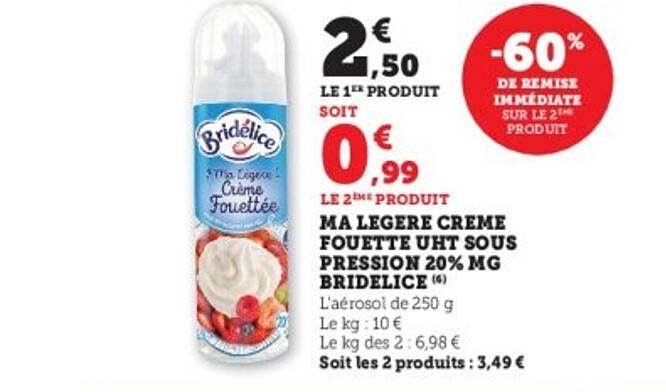 MA LEGERE CREME FOUETTE UHT SOUS PRESSION 20% MG BRIDELICE